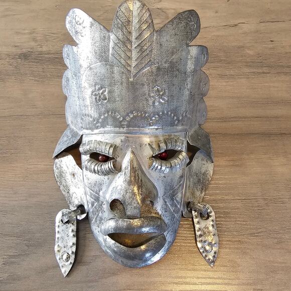 Vintage Mexican Tin Metal Mask with Beaded Eyes Folk Art Primitive Style Tribal - Picture 9 of 9